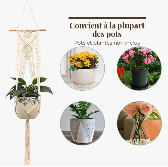 Porte-plante suspendu en macramé à bâton de bois, avec quatre exemples de pots et de plantes, pots et plantes non inclus