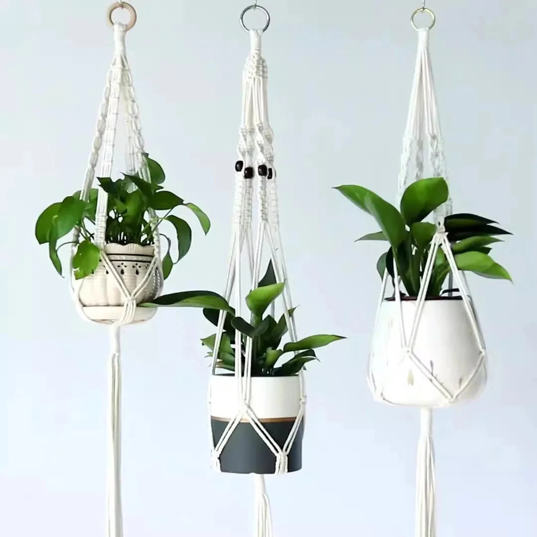 Porte-plante suspendu macramé - trois modèles avec plantes devant un mur gris bleu