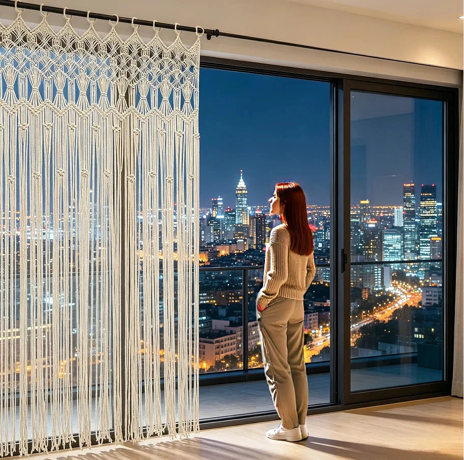 Rideau macramé bohème - devant une baie vitrée sur la ville de nuit, une femme de dos