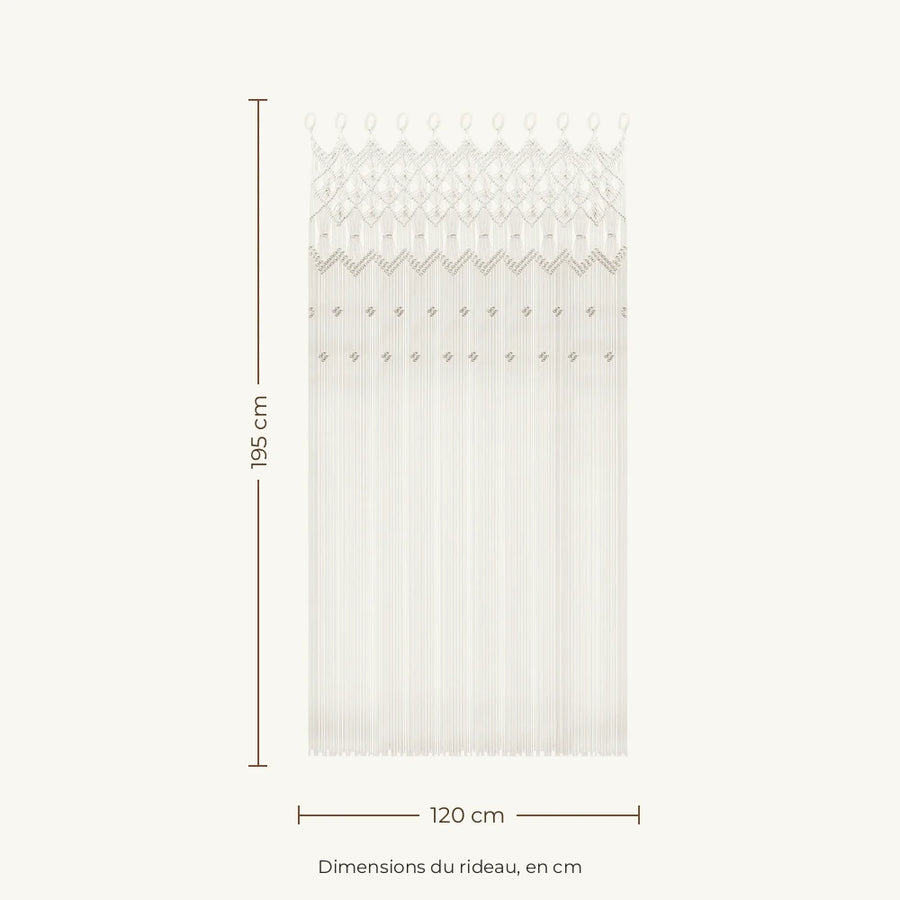 Rideau macramé bohème - dimensions : 120 cm de large, 195 cm de haut