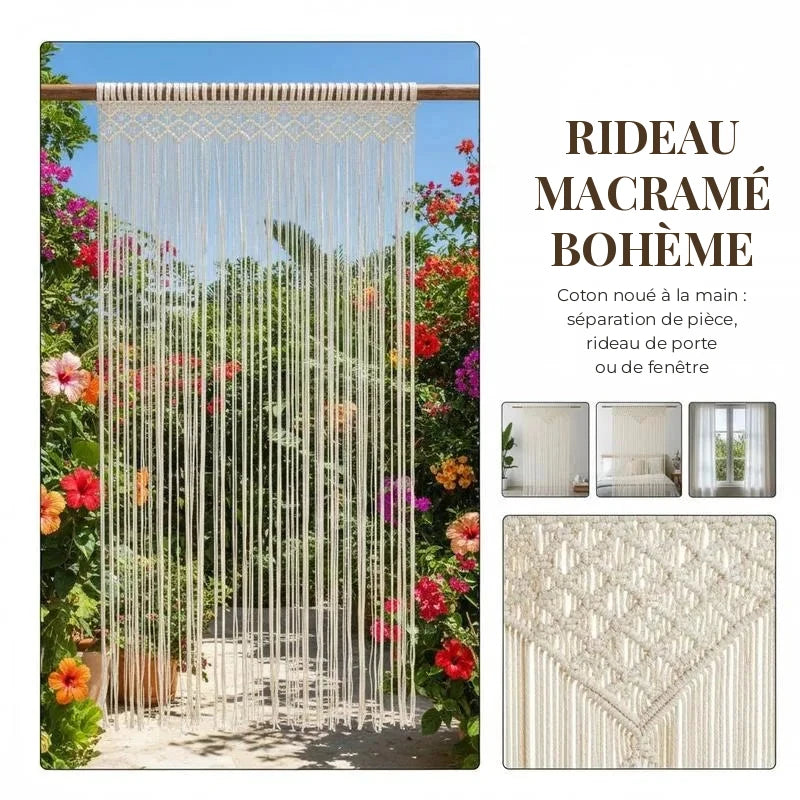 Rideau macramé écru - rideau devant un jardin fleuri et détail du haut en losanges