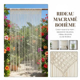 Rideau macramé écru - rideau devant un jardin fleuri et détail du haut en losanges
