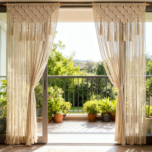 Rideau macramé Orea installé sur une terrasse, deux panneaux beige avec glands