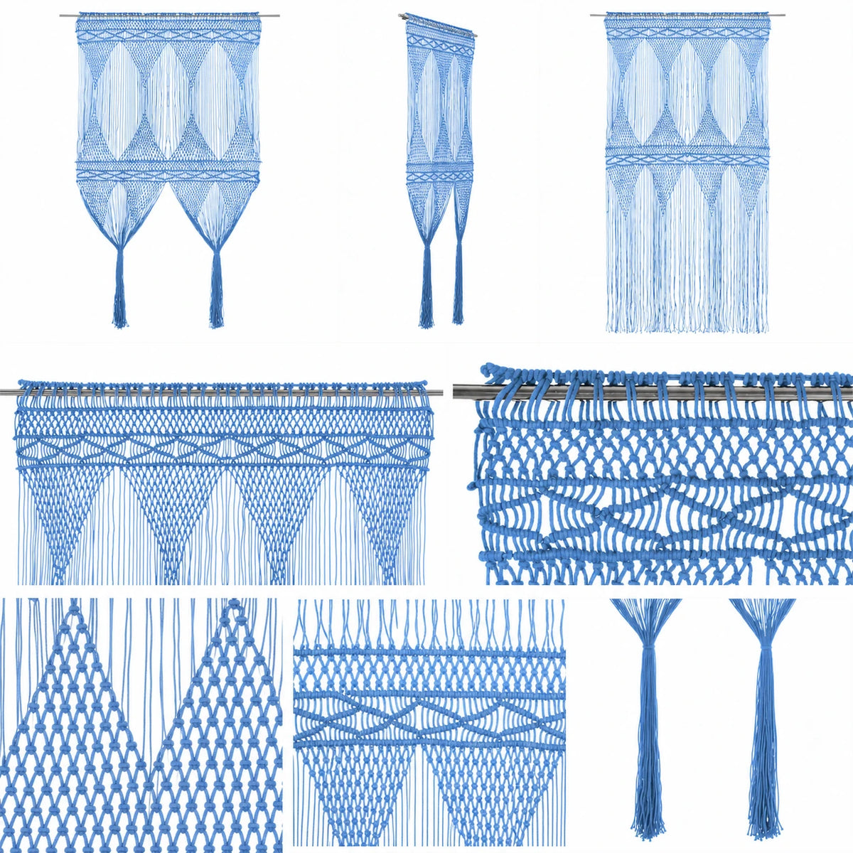 Rideau macramé bleu - vues de face, de côté et détails des nœuds