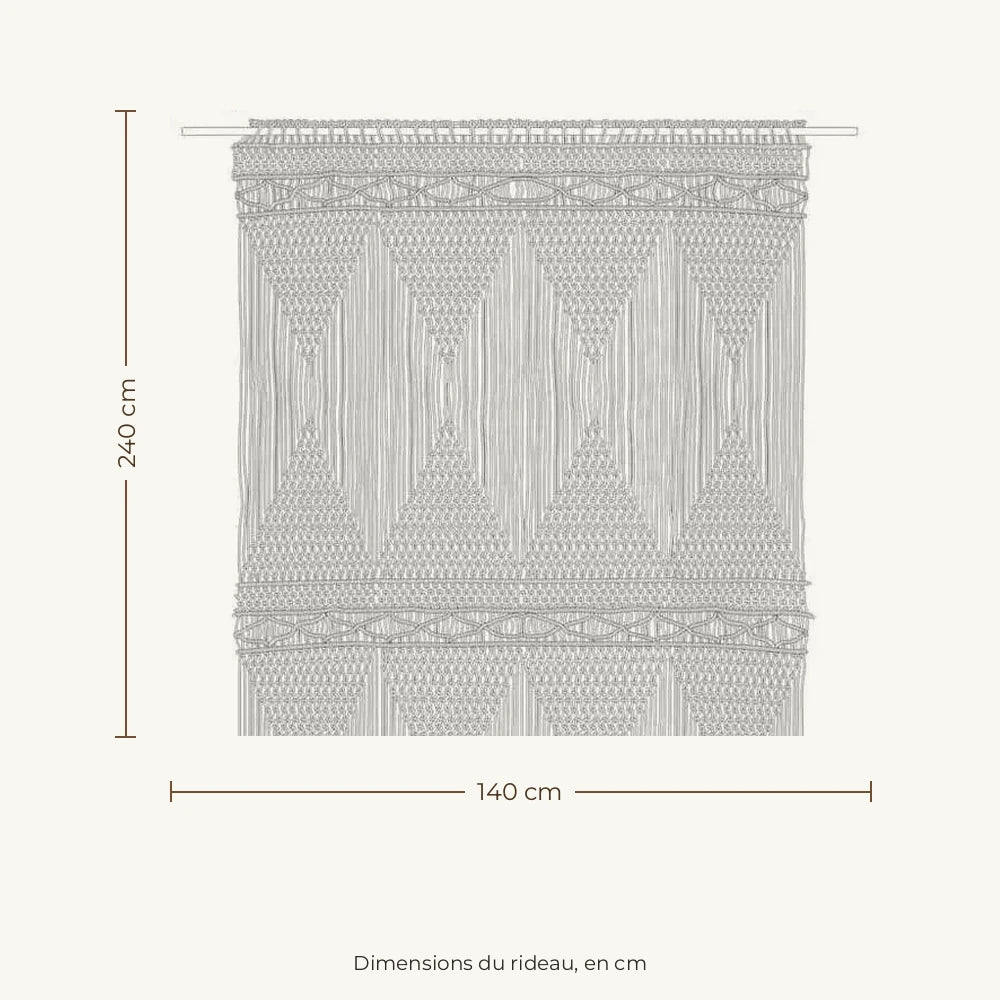 Rideau macramé écru - dimensions : 140 cm de large, 240 cm de haut