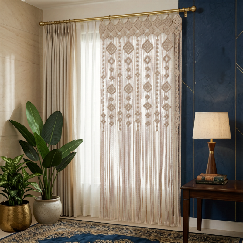 Rideau macramé Naïa devant fenêtre salon — ambiance intérieure bohème coton