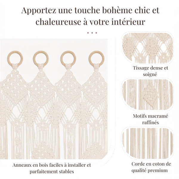 Rideau macramé Naïa — largeur et hauteur du produit, guide des dimensions