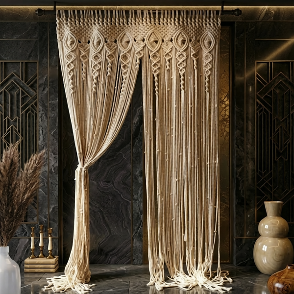 Rideau macramé Naori vue frontale dans un intérieur art déco, deux panneaux beige