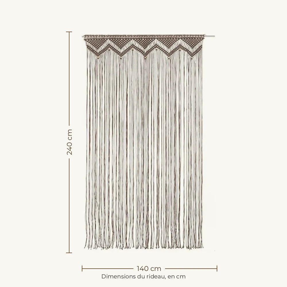 Rideau macramé taupe - dimensions : 140 cm de large, 240 cm de haut