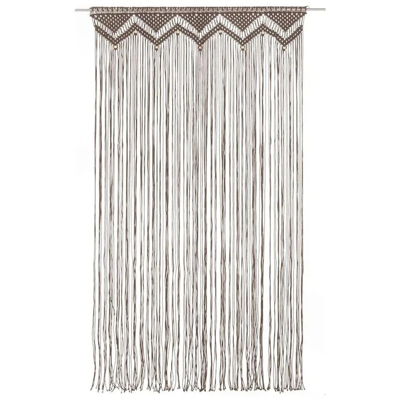 Rideau macramé taupe - vue de face à plat, sur fond blanc, haut en zigzags