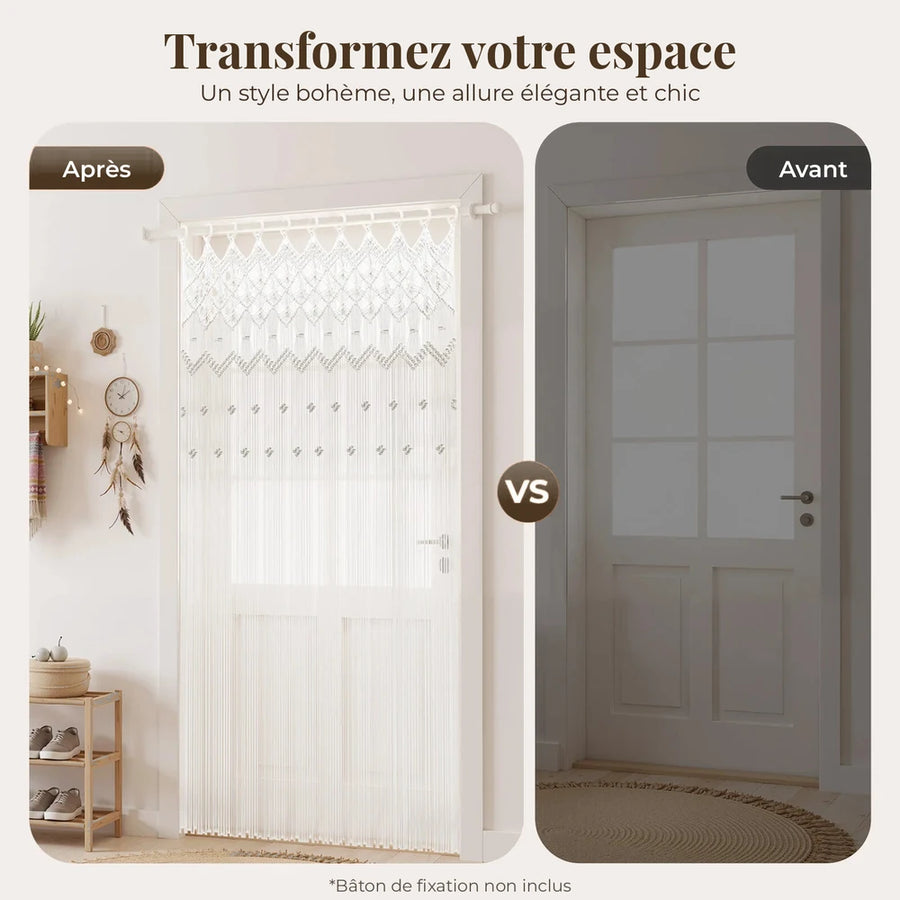 Rideau de porte macramé blanc - avant et après, bâton de fixation non inclus