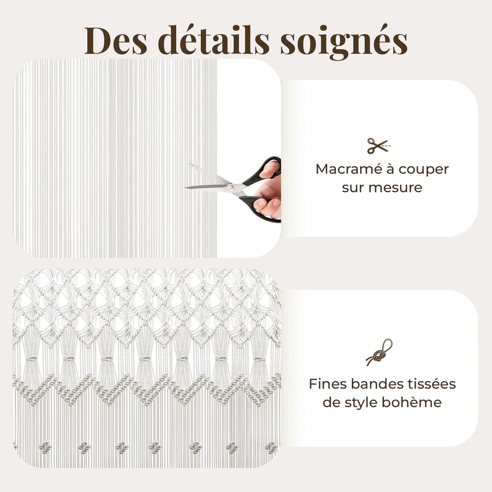 Rideau de porte macramé blanc - détails : cordons à couper sur mesure et bandes tissées de style bohème