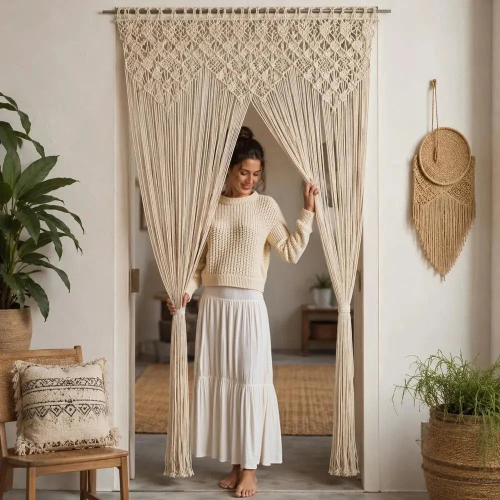 Rideau de porte macramé écru - cordons écartés dans l'embrasure d'une porte, femme en cardigan écru et jupe longue blanche