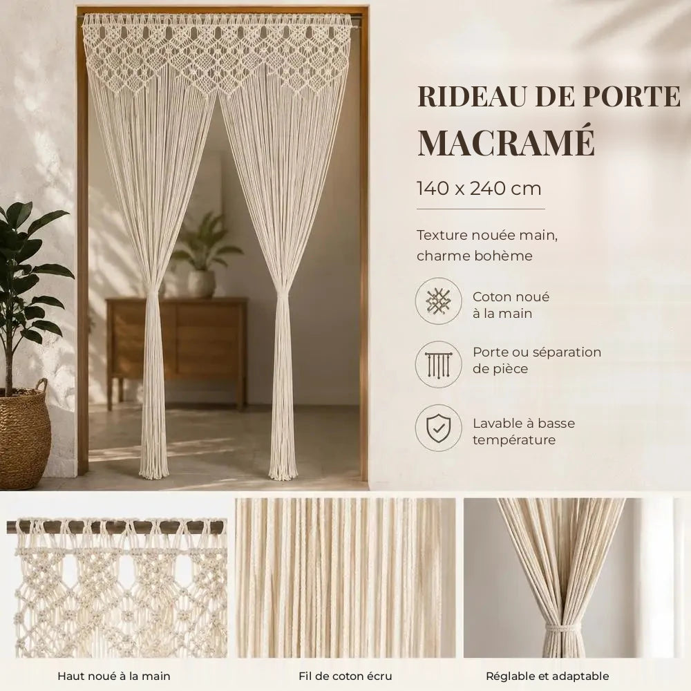 Rideau de porte macramé écru - détails : haut noué, fil de coton écru, cordons réunis par un lien