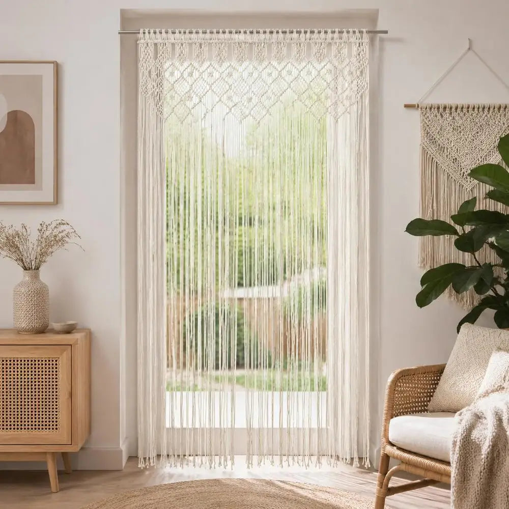 Rideau de porte macramé écru - devant une porte-fenêtre ouverte sur le jardin, lumière du jour