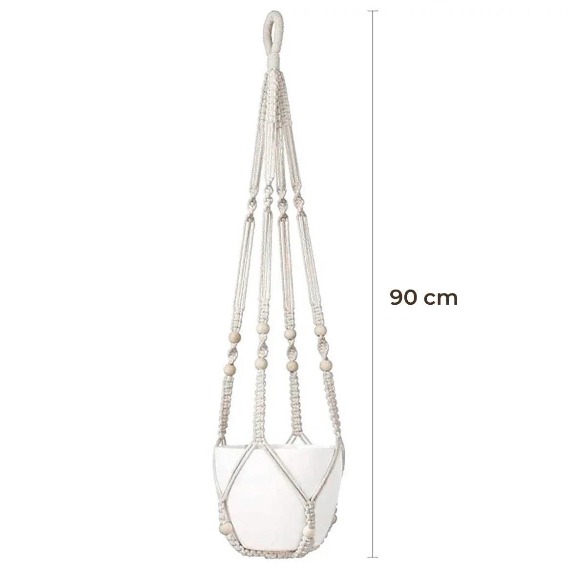 Support pot de fleurs suspendu macramé - longueur totale de 90 cm avec pot blanc