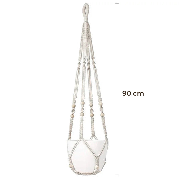 Support pot de fleurs suspendu macramé - longueur totale de 90 cm avec pot blanc
