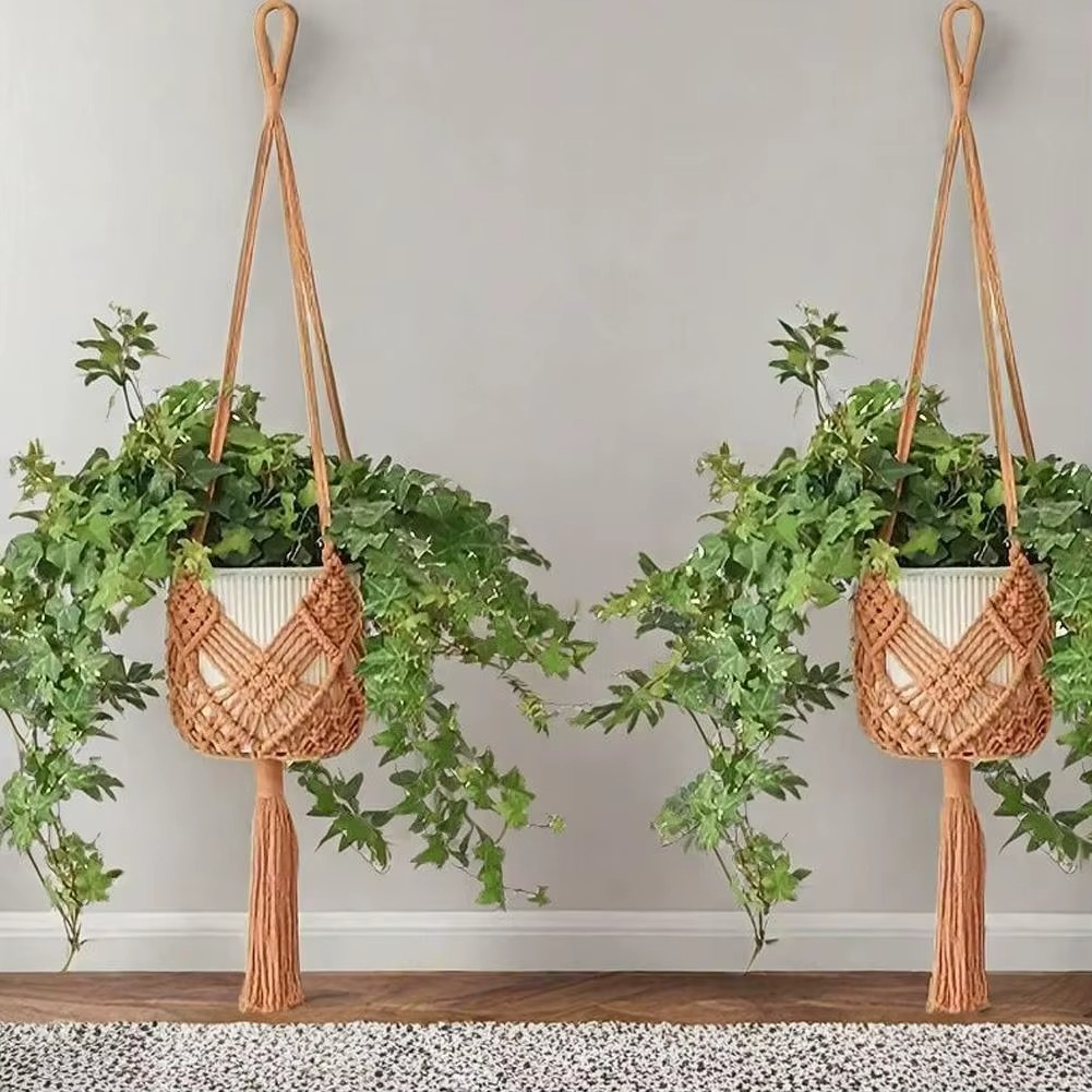 Suspension macramé Liana avec plante verte, usage jardin extérieur
