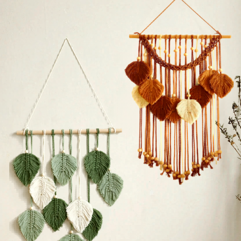 Suspension macramé Maya – comparaison deux coloris vert et caramel