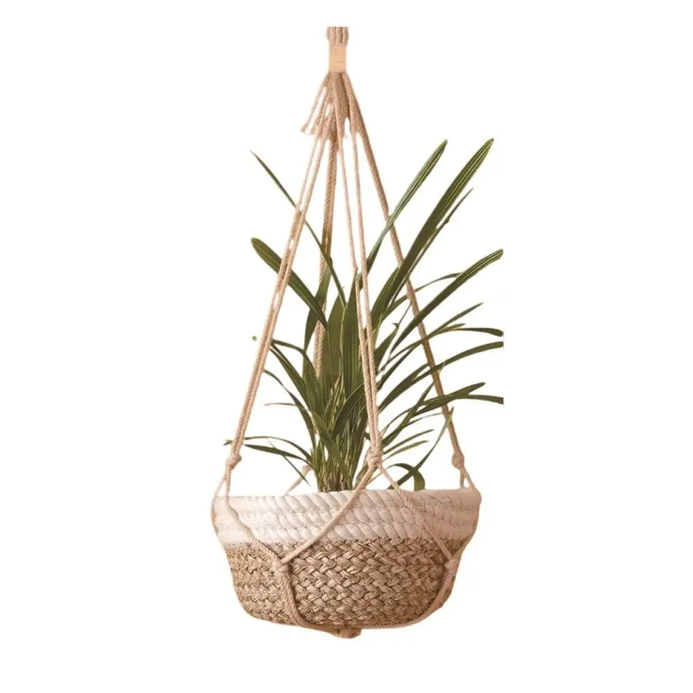 Suspension plante macramé corde de coton - coloris beige naturel de 75 cm avec un panier et une plante verte