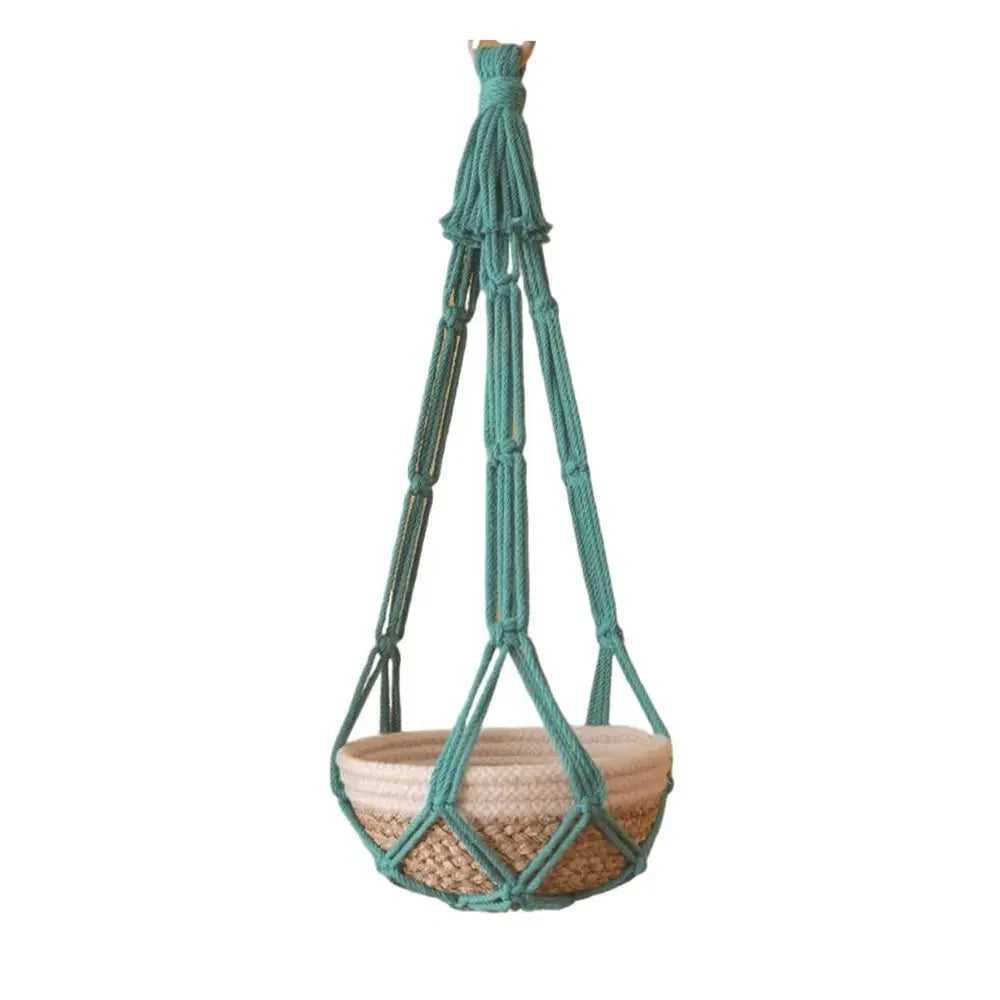 Suspension plante macramé corde de coton - coloris bleu canard de 85 cm avec son panier tressé, fond blanc