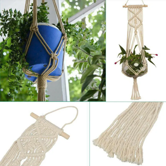 Suspension pot de fleurs macramé en corde de coton : quatre vues, suspendue près d'une fenêtre, sur fond blanc, bâton de bois et franges