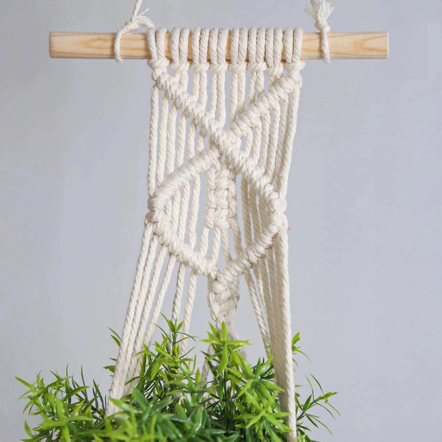 Suspension pot de fleurs macramé - gros plan sur les nœuds et le bâton de bois