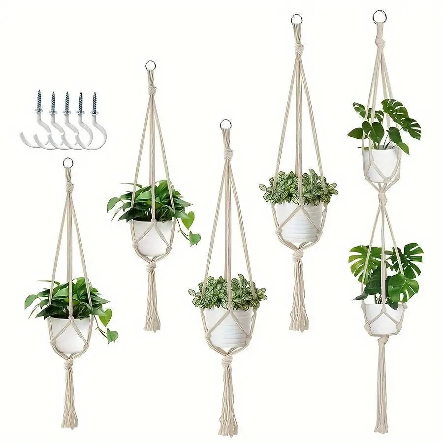 Suspensions plantes macramé - lot de 5 suspensions et 5 crochets blancs sur fond blanc