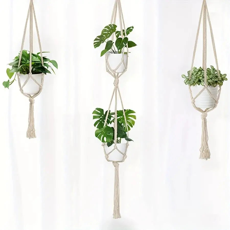 Suspensions plantes macramé - trois modèles, simple et double, devant un rideau blanc