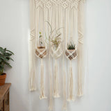 Tapisserie murale macramé 3 suspensions plantes — salon bohème